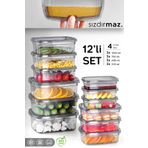 Meleni Home 12'li Sızdırmaz Saklama Kabı Seti - Düzenleyici Organizer Erzak Kabı 3x(225-430-750-1220)ml Antrasit