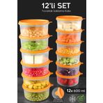 Meleni Home 12'li Yuvarlak Gıda Saklama Kabı Seti - Organizer Düzenleyici Erzak Kabı 12X600ML Turuncu