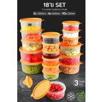 Meleni Home 18LI Yuvarlak Gıda Saklama Kabı Seti Organizer Düzenleyici Erzak Kabı 10X250 6X600 2X1200ML Turuncu