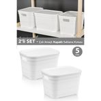 Meleni Home 2 Adet Kapaklı Dekoratif Piramit Saklama Kutusu - Dolap Düzenleyici Organizer Kutu 5 Litre Beyaz