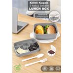 Meleni Home 2 Katlı Kilitli Kapak Yemek Kabı - Bölmeli Lunch Box Diyet Beslenme Kutusu Sosluk Çatal Kaşık Gri