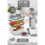 Meleni Home 2 Katlı Lunch Box & 700 ml Matara - 6 Bölmeli Kilitli Kapak Yemek Kabı ve Taşıma Kulplu Suluk Gri