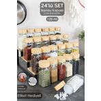 Meleni Home 24'lü Bambu Kapaklı Cam Baharatlık Seti - Etiketli Tuzluk Biberlik Köşeli Baharat Takımı 120 ml