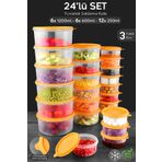 Meleni Home 24'lü Yuvarlak Gıda Saklama Kabı Seti Organizer Düzenleyici Erzak Kabı 12X250 6X600 6X1200ML Turuncu