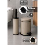Meleni Home 2'li Banyo Seti - Silikon Uçlu Tuvalet Klozet Fırçası ve İç Kovalı Pedallı Metal Çöp Kovası 3L Bej