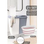 Meleni Home 2'li Çamaşır Sepeti Seti - 90 Lt İki Bölmeli Kirli Çamaşır Sepeti Katlanabilir Akordiyon Sepet Pembe