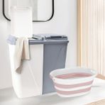 Meleni Home 2'li Çamaşır Sepeti Seti 90 Lt Katlanabilir Plastik İki Bölmeli Pembe