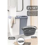 Meleni Home 2'li Çamaşır Sepeti Seti - 90Lt İki Bölmeli Kirli Çamaşır Sepeti Akordiyon Katlanabilir Sepet Platin