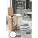 Meleni Home 2'li Çamaşır Sepeti Seti - Katlanır Akordiyon Sepet 90 Lt İki Bölmeli Kirli Çamaşır Sepeti Latte