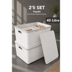 Meleni Home 2'li Dekoratif Saklama Kutusu - Kapaklı Banyo Mutfak Organizer Dolap İçi Düzenleyici 40Lt Beyaz