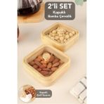 Meleni Home 2'li Kapaklı Bambu Çerezlik Seti - Kahve Yanı Sunum Kasesi Sunumluk Kahvaltılık Bambu Kase - 250 ml - Bej