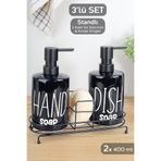 Meleni Home 2'li Metal Standlı Süngerli Sabunluk Seti - Mutfak Sıvı Sabun Bulaşık Deterjanı Şişesi 400ml - Siyah