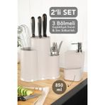 Meleni Home 2'li Mutfak Seti - Tezgah Üstü Bölmeli Kaşıklık Bıçaklık ve Süngerlik Bölmeli Sıvı Sabunluk Bej