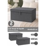 Meleni Home 2'li Set Mega Boy Hurç - Çok Amaçlı Organizer Kapaklı Saklama Kutusu 60x40x30cm Antrasit