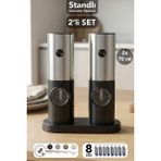 Meleni Home 2'li Standlı Otomatik Baharat Öğütücü - Işıklı Pilli Karabiber Tuz Baharat Değirmeni 70 ml - Siyah