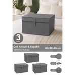 Meleni Home 3'lü Mini Boy Hurç - Çok Amaçlı Organizer Kapaklı Saklama Kutusu 40x30x26cm Antrasit