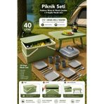 Meleni Home 3'lü Piknik Seti - 40Lt Taşıma Sepeti Katlanabilir Masa ve 18 Parça Taşıma Kutulu Yemek Takımı Yeşil
