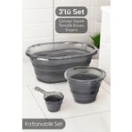 Meleni Home 3'lü Set Katlanır Çamaşır Sepeti - Katlanabilir Akordiyon Su Kovası - Katlanır Koçero Platin