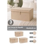 Meleni Home 3'lü Set Maxi Boy Hurç - Çok Amaçlı Organizer Kapaklı Saklama Kutusu 50x40x30cm Bej