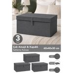 Meleni Home 3'lü Set Mega Boy Hurç - Çok Amaçlı Organizer Kapaklı Saklama Kutusu 60x40x30cm Antrasit