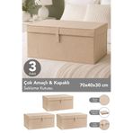 Meleni Home 3'lü Set Mega Plus Hurç - Çok Amaçlı Organizer Kapaklı Saklama Kutusu 70x40x30cm Bej
