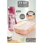 Meleni Home 4 Bölmeli Lunch Box & 700 ml Matara Seti - Çatal Kaşıklı Yemek Kabı ve Taşıma Kulplu Su Şişesi Pembe