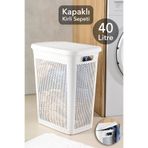 Meleni Home 40 Litre Kirli Çamaşır Sepeti - Kapaklı Delik Detaylı Stash Slim Kirli Sepeti Banyo Organizer Beyaz