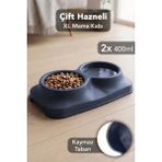 Meleni Home 400ML Çift Bölmeli Mama Kabı - Kaymaz Taban Kedi Köpek Evcil Hayvan Mama Kasesi Su Kabı Lacivert