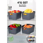 Meleni Home 4'lü 3800 ml Buzdolabı Düzenleyici - Mutfak Banyo Dekoratif Dolap Içi Çok Amaçlı Organizer Antrasit - 3,8 lt