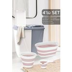 Meleni Home 4'lü Set - 90 Lt Bölmeli Kirli Çamaşır Sepeti Katlanabilir Sepet Akordiyon Su Kovası Maşrapa Pembe