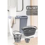 Meleni Home 4'lü Set - 90 Lt Bölmeli Kirli Çamaşır Sepeti Katlanabilir Sepet Akordiyon Su Kovası Maşrapa Platin