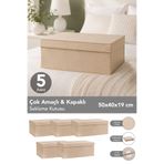Meleni Home 5'li Organizer Baza Hurç Seti - Çok Amaçlı Kapaklı Saklama Kutusu 50x40x19cm Bej