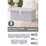 Meleni Home 5'li Set Kapaklı Çok Amaçlı Hurç Saklama Kutusu Organizer Mega 60 x 40 x 30 cm Gri