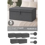 Meleni Home 5'li Set Mega Plus Hurç - Çok Amaçlı Organizer Kapaklı Saklama Kutusu 70x40x30cm Antrasit