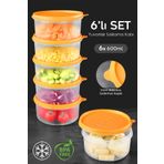 Meleni Home 6'lı Yuvarlak Gıda Saklama Kabı Seti - Organizer Düzenleyici Erzak Kabı 6X600ML Turuncu