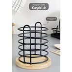 Meleni Home Bambu Tabanlı Metal Kaşıklık - Tezgah Üstü Dik Kaşıklık Mutfak Düzenleyici Dekoratif Organizer