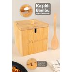 Meleni Home Kaşıklı Bambu Baharat Kutusu - Bambu Kapaklı Tuz Kabı Tuzluk Baharatlık Kutu 12x12 cm