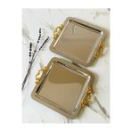Melinda 2 ADET Gümüş Kare Çıkarılabilir GOLD Kulp Detaylı Çay,Kahve,İkram Servis Sunum Tepsisi (21x21)
