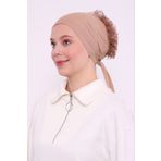 Melodi Scarf Kadın Tesettür Önü Dikişsiz Fırfırlı Penye Bone Sütlü Kahve