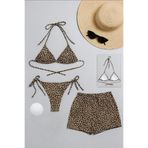 melonika Kadın 3'lü Set Leopar Desenli Şortlu ve Yandan Bağlamalı Bikini Mayo Takımı im
