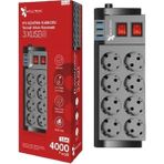 Mena Rise Akım Korumalı Priz, Dayanıklı, Çocuk Koruması, 8'li Priz, Sekizli, 3 Usb'li, 2 mt Yüksek Akım Dirençli Kablo, Priz Ftr-08 - 0 - Siyah