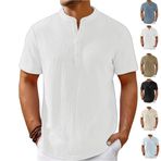 Men's Cotton Linen Henley T-Shirts Hippie Casual Beach Shirt Summer Cool Shirts Fashion Quick Dry Travel Tops(Beyaz,Small)
