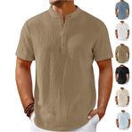 Men's Cotton Linen Henley T-Shirts Hippie Casual Beach Shirt Summer Cool Shirts Fashion Quick Dry Travel Tops(Haki,Medium)
