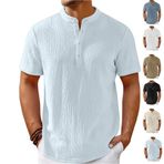 Men's Cotton Linen Henley T-Shirts Hippie Casual Beach Shirt Summer Cool Shirts Fashion Quick Dry Travel Tops(Light Blue,4X-Large)