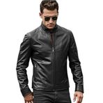 Men's Leather Motorcycle Jacket, Stand Collar, Slim Fit, Water-Resistant, Black (Siyah, 4XL)