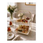 Meralles Lüks Gold Ayaklı İki Katlı Şık Mika Sunumluk , Tatlı , Kahve Kurabiyelik İkram Tepsisi Standı Söz Nişan Sunum Tepsi 35x25x20 cm