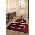 Meram Kaymaz Taban,Emici 2'li Ultra Lüks Deri Detaylı Banyo Paspası Seti (Kırmızı-Gümüş)