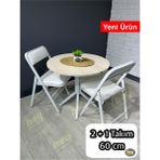 Mercan 2 Kişilik Yuvarlak Mutfak Yemek Masası Takımı 2+1 Traverten Beyaz Deri 60 cm - Traverten - Beyaz