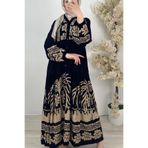 Mercan ÇAM ELBİSE Kadın Siyah Düğmeli Kolları Lastikli Çam Desenli Tesettür Elbise