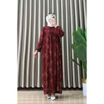 mercan moda NURAY ELBİSE Viskon Kumaş Kadın Bordo Yaka Açılabilir Düğmeli Kolları Lastikli Rahat Kesim Tesettür Elbise